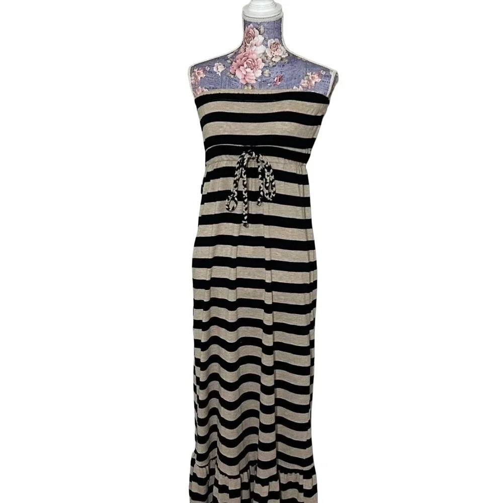 Weavers Womens Strapless Maxi Dress Small Tan Black Striped‎ Ruffle Hem Knit